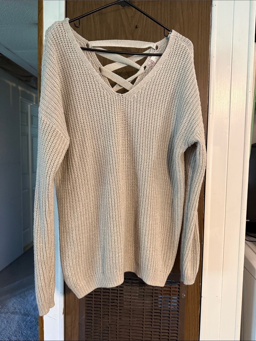 SO Beige V-Neck Crisscross Back Knit Pullover